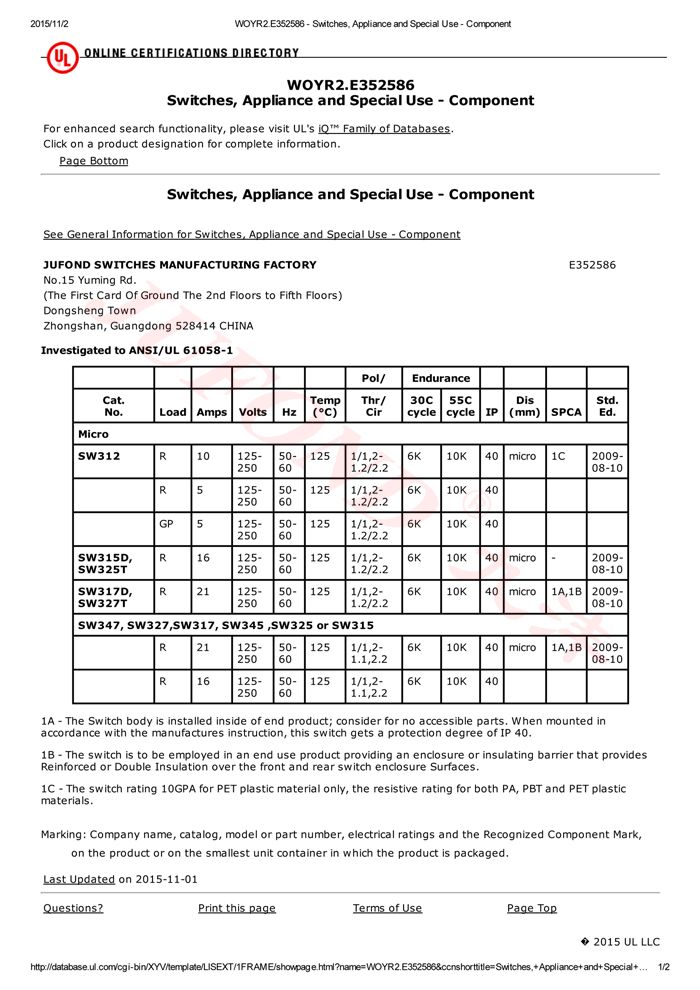 九灃微動開關(guān) UL證書